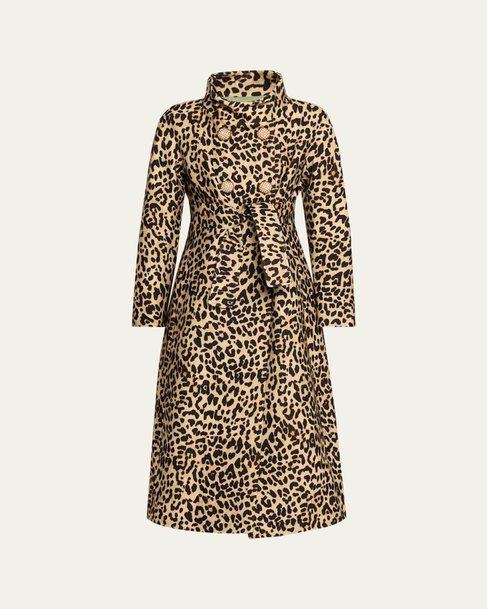 Leopard-Print Wool Double-Breasted Long Coat